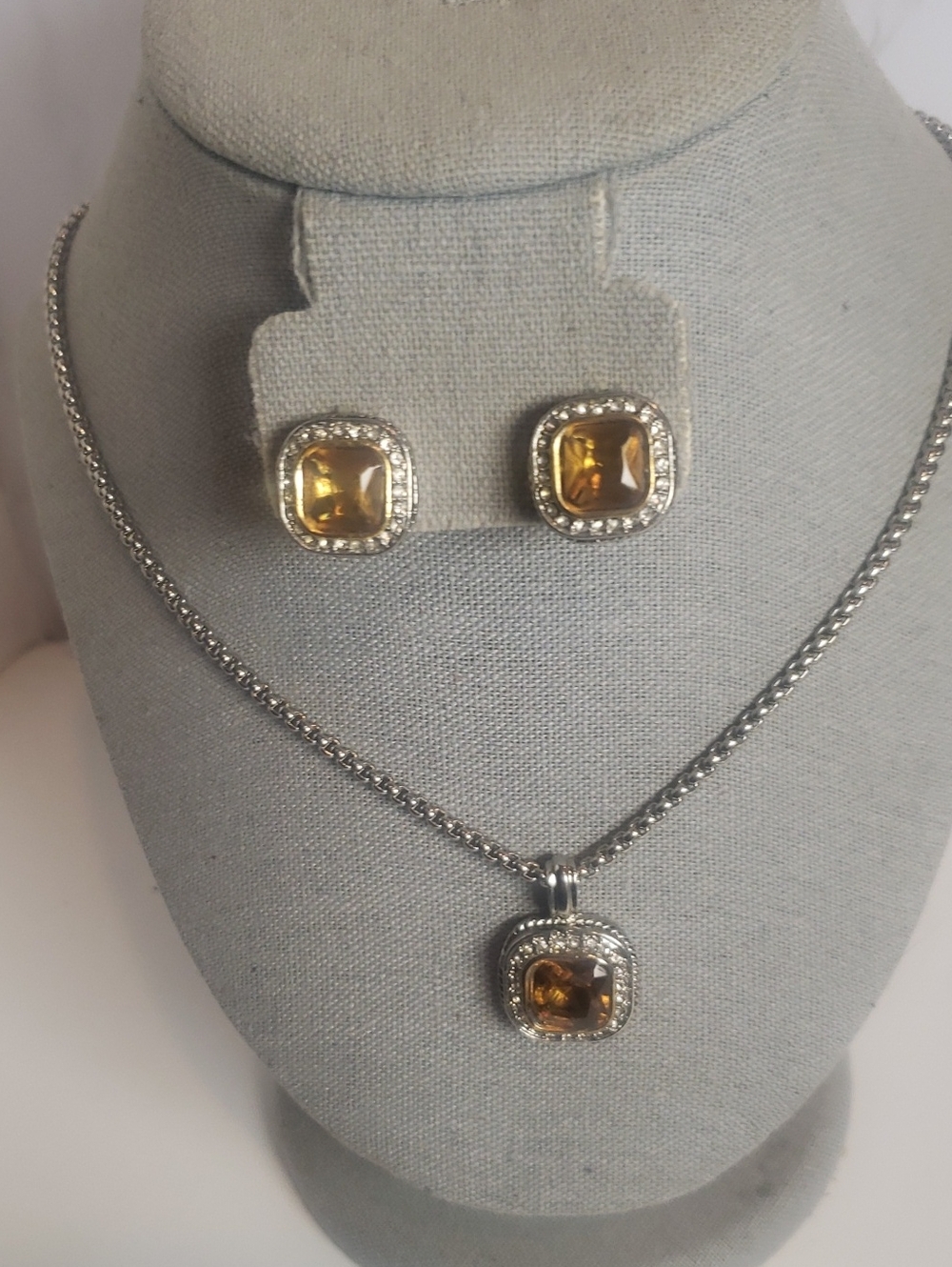 Vintage Silver-tone Citrine Halo Pendant Necklace and Stud Earrings Set